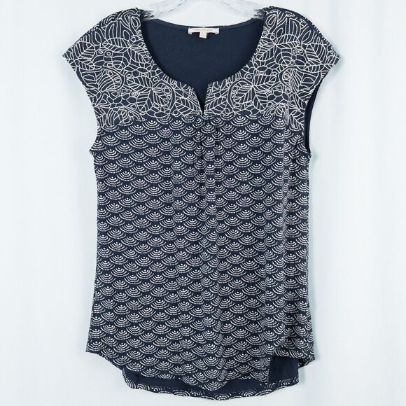 Skies Are Blue Delila Embroidered Split Neck Knit Top Womens Medium Blue Boho - Picture 1 of 10